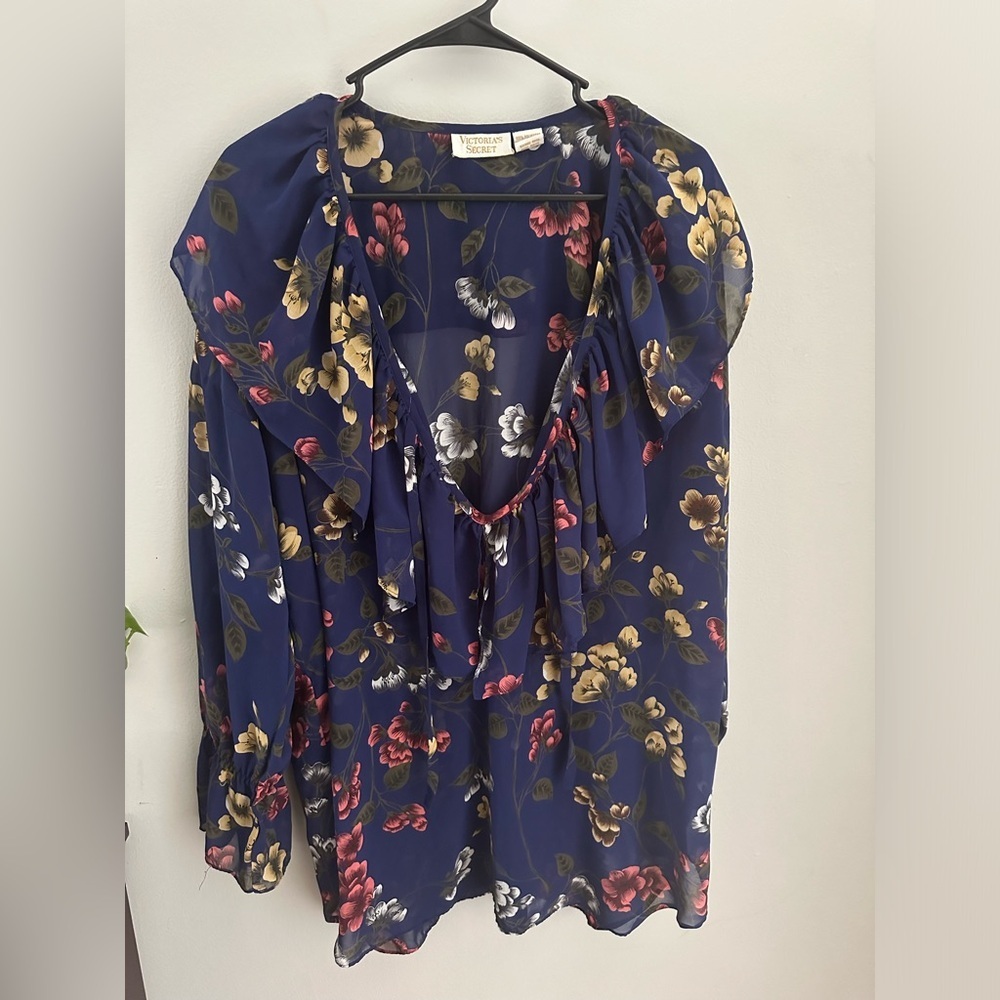 VTG Victorias Secret Top M/L Gold Label Blue Red Floral Romantic Blouse Tie Neck